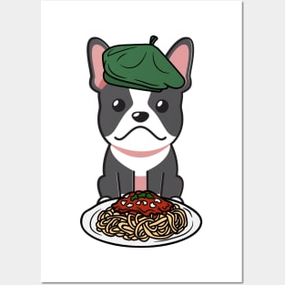 Dog eating Spaghetti - French bulldog Posters and Art